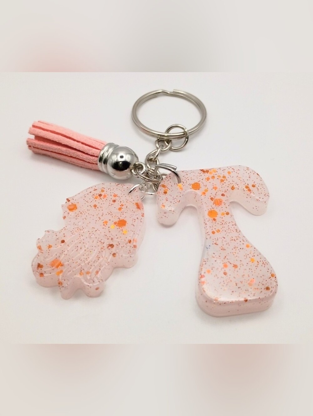 Women's Handmade Orange&White Glitter Letter T Initial Keychain With Tassel